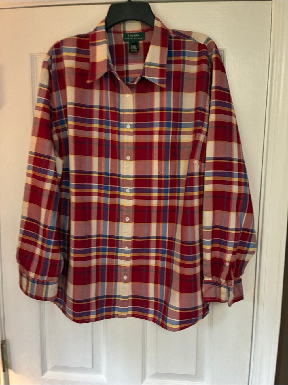 Lauren Ralph Lauren Red, Blue and Cream Plaid Silk Button-Down Shirt 3X